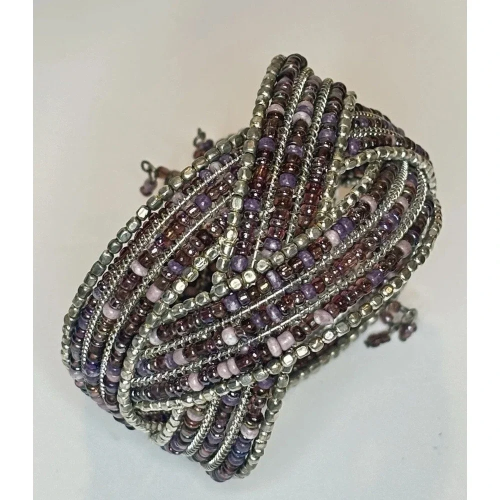 Purple Glass Bead Memory Wire Cuff Bracelet Silver Tone Wide Boho Statement